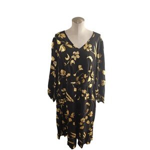 BloomChic Womens Plus Size 22-24 Black Gold Foil Floral V-Neck‎ Midi Dress NWT